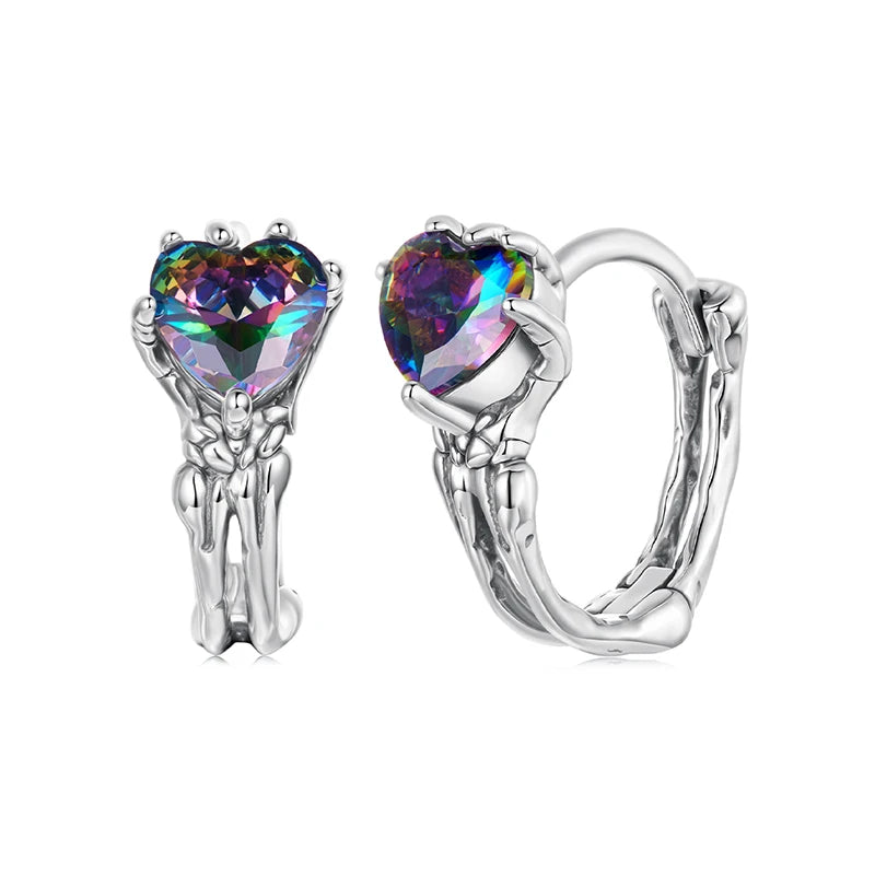 BAMOER 925 Sterling Silber Skelett-Herz-Creolen, doppellagig, Retro-Ohrringe im Huggies-Stil für Damen, Halloween-Party-Schmuck