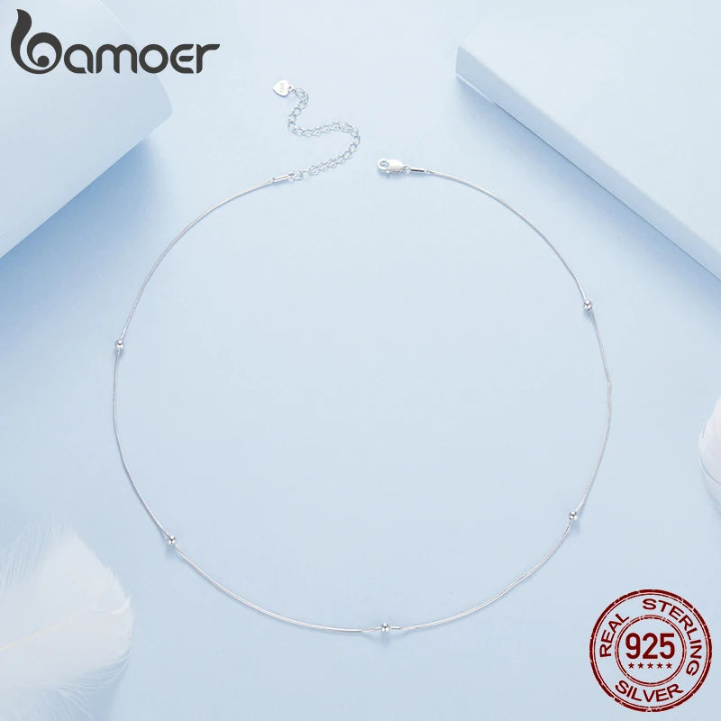BAMOER Gold Plated Beads Snake Chain Necklace for Women, 925 Sterling Silver Adjustable Basic Chain Necklace Wedding Jewelry