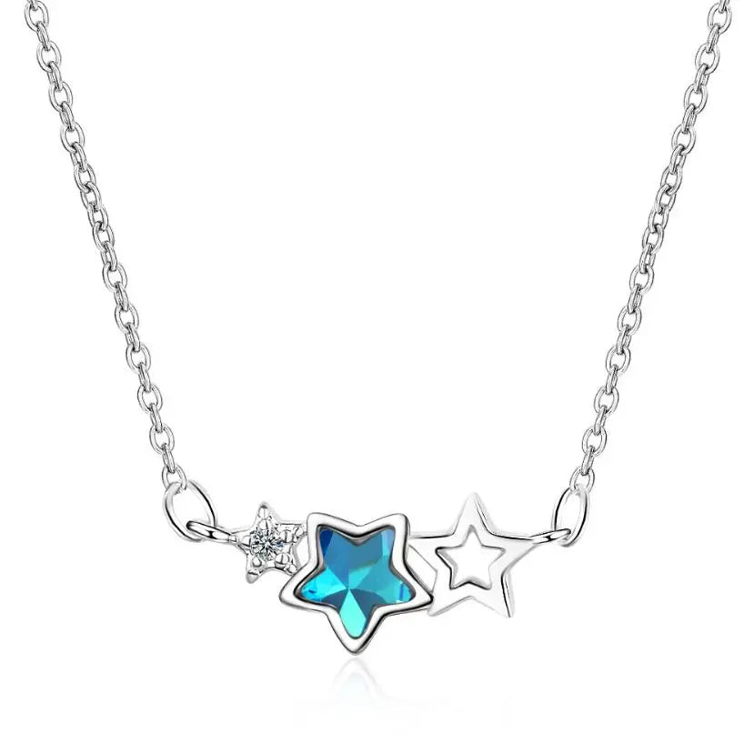 100% 925 Solid Sterling Silver Necklace Women Girl Sweet Star Blue CZ 40cm Short Clavicle Necklace For Teen Jewelry DS981