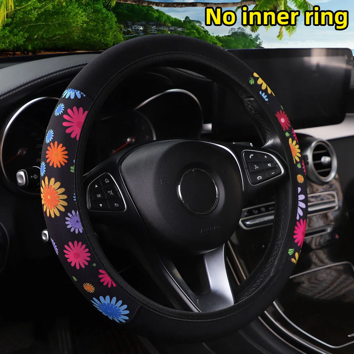 Cherry blossom chrysanthemum check spider web diving fabric printed car without inner ring steering wheel cover 38CM women's - Madeinsea©
