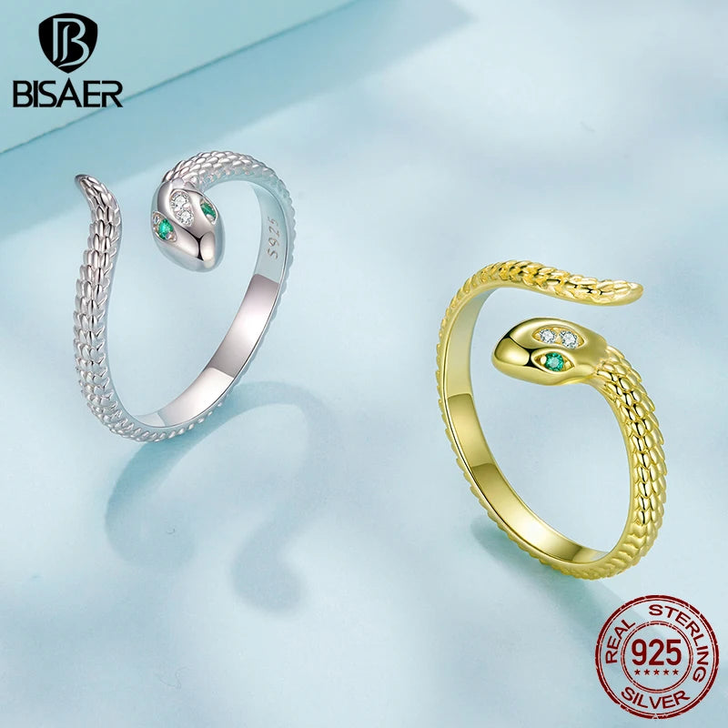 BISAER 925 Sterling Silver Viper Open Ring Size 5-9 Snake Green Zircon Eternity Band Plated Gold for Women Party Fine Jewelry