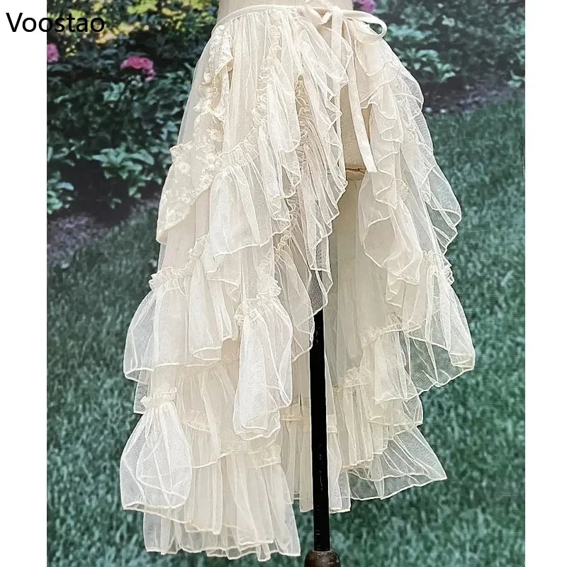 Sweet Lolita Style Double Layer Lace Asymmetrical Ruffles Skirts Women Summer Mesh Cute Curtain Sheer Cover Up Thin Long Skirt