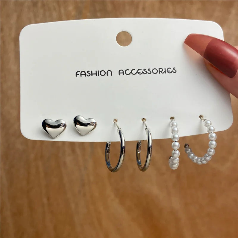 Trendy Earrings Set for Women Girls Simple Silver Color Pearl Metal Circle Hoop Earrings Dangle Earrings 2022 New Fashion Gift