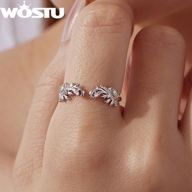 WOSTU 925 Sterling Silver Minimalist Ring with Sparkling Zircon, Elegant Stackable Flower Pattern Rings Dainty Jewelry Gift
