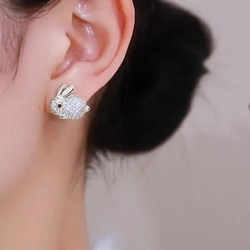 Huitan Animal Rabbit Stud Earrings for Women Full Paved CZ Cute Ear Accessories Fancy Girls Gift Daily Wear Party Trendy Jewelry