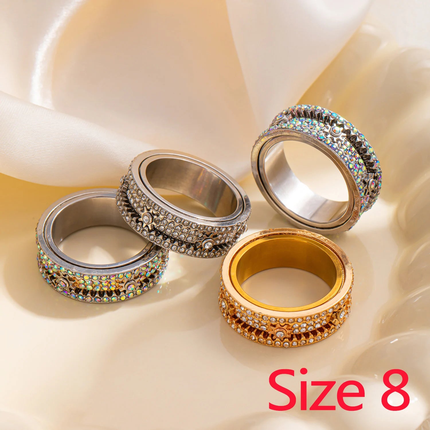 New Spinner Zircon Rings For Men Women Full Rhinestone Stainless Steel Rotatable Finger Ring Anxiety Relief Stress Jewelry Gifts