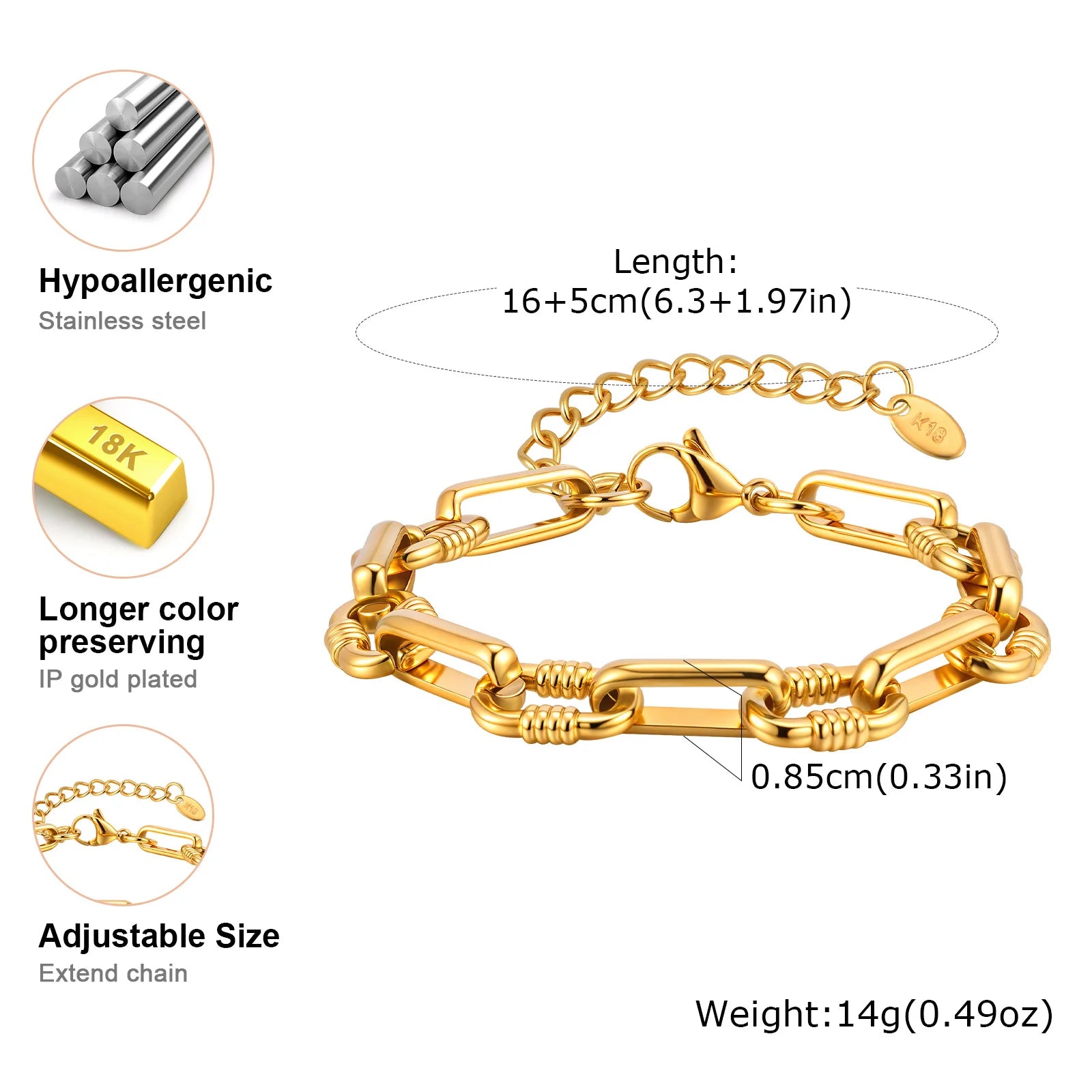 Vnox Classic Paperclip Chain Bracelet For Women Stainless Steel Gold Color Never Fade Charm Bracelet Girls Jewelry Birthday Gift