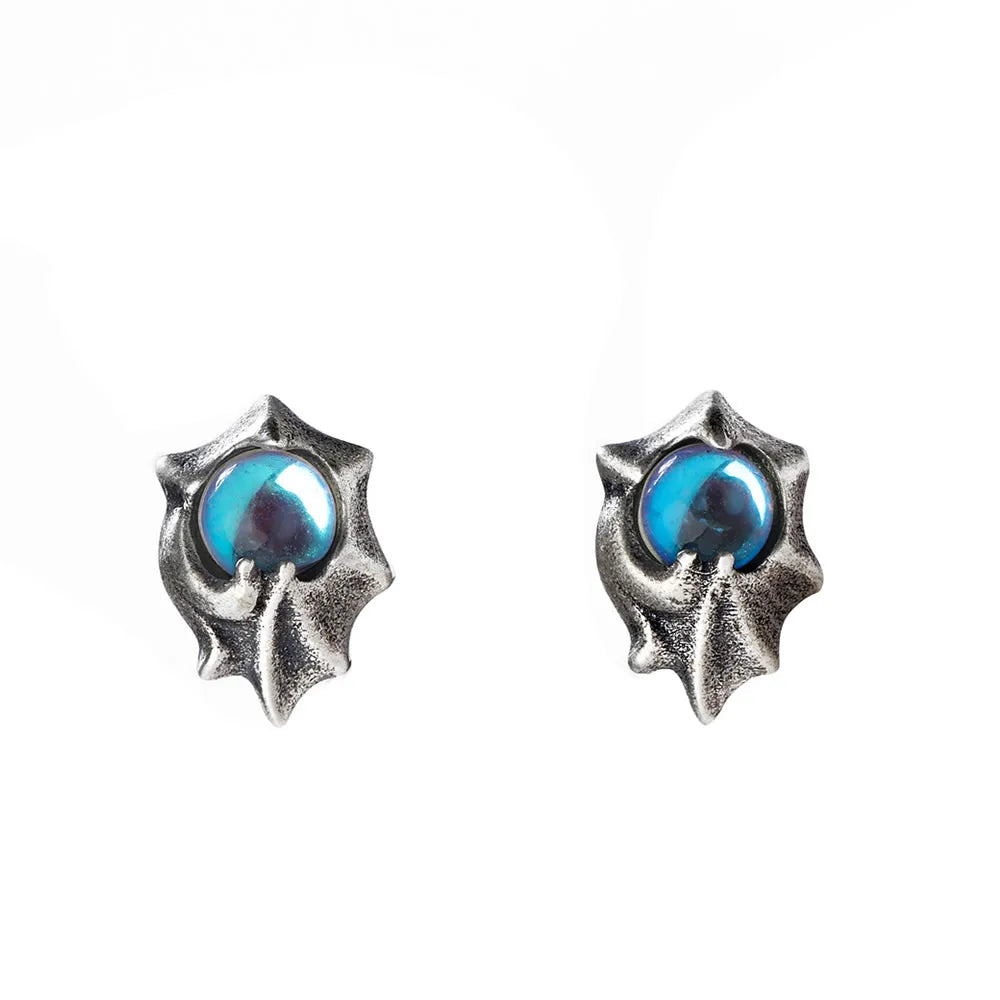MKENDN 100% 925 Sterling Silver Earrings Men Women Vintage Dragon Wings Stud Earrings With Light Blue Stone Personality Jewelry