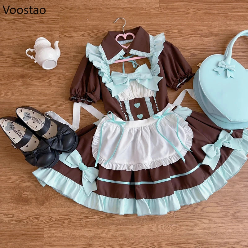 Anime Lolita Maid Dress Set Women Sweet Apron Bow Puff Sleeve Halloween Cosplay Costumes Party Dresses Gothic Girls Cute Dress