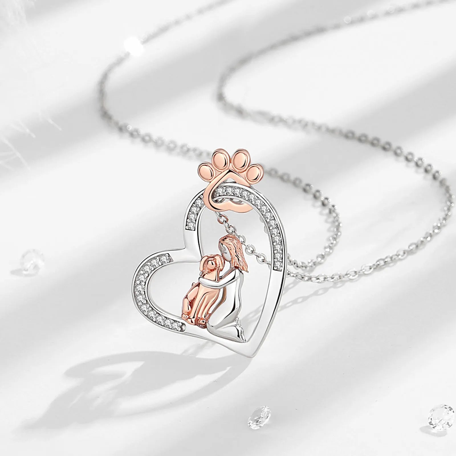 Eudora Original 925 Sterling Silver Women And Dog Necklace Temperament Heart Zircon Rose Gold Dog Footprint Pendant Jewelry Gift