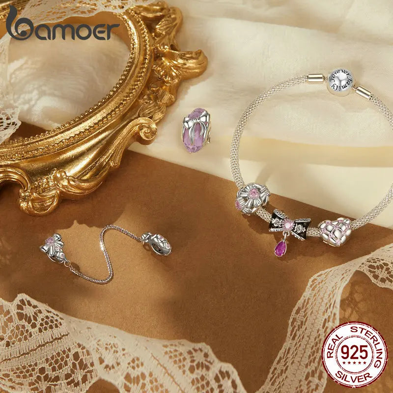 BAMOER Sicherheitskette mit Schleife aus massivem 925er Sterlingsilber mit Silikon passend für originale Armbänder, DIY-Bamoer-Anhänger zur Schmuckherstellung