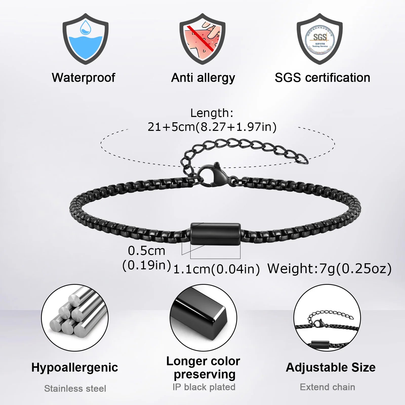 Vnox Waterproof Stainless Steel Tube Charm Bracelets for Men Dad,Adjustable 3mm Box Link Chain Bracelet, Fashion Jewelry