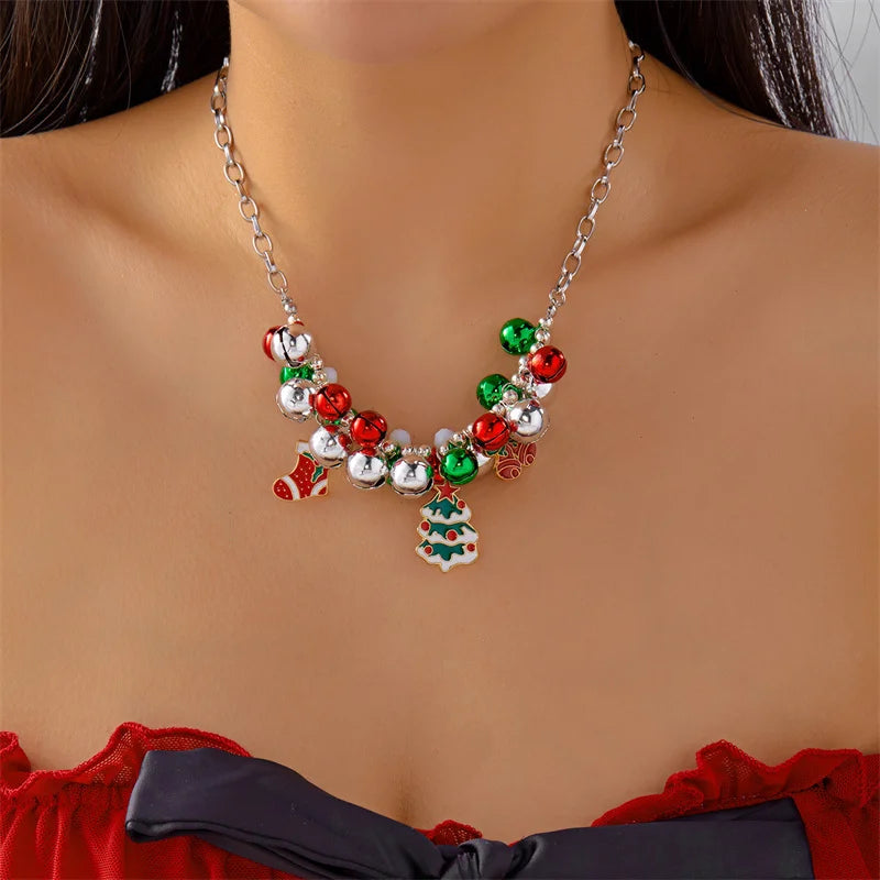 Fashion Christmas Metal Chain Necklace For Women Crystal Zircon Elk Santa Claus Snowman Bell Xmas Tree Pendant Choker Jewelry