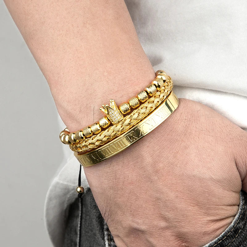 MKENDN Luxury Micro Pave CZ Crown Roman Royal Charm Men Bracelets Stainless Steel Roman Number Bangles Couple Handmade Jewelry