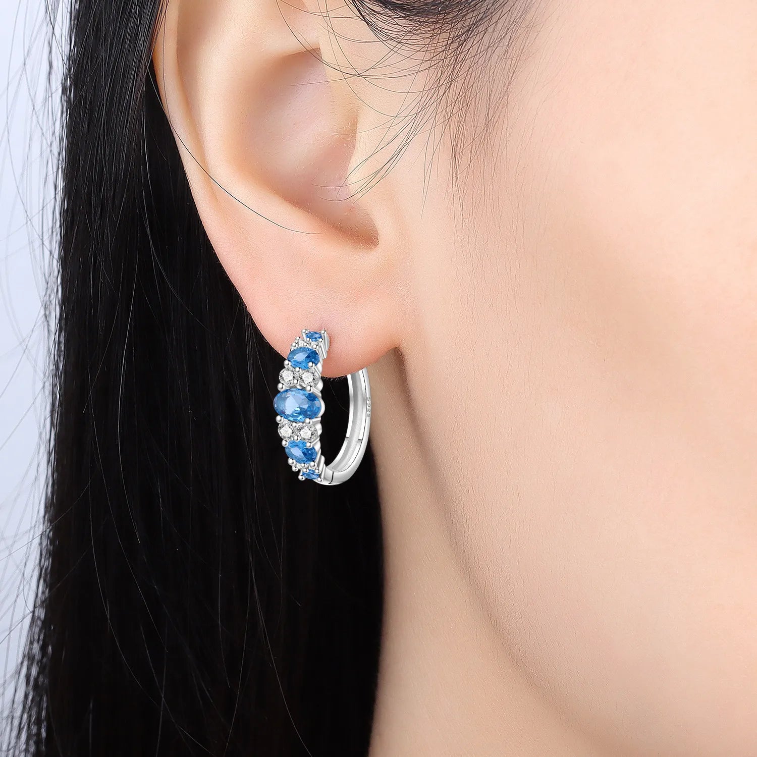 PANPOKI Original 925 Sterling Silver Blue Gradient Zircon Earrings Women Hoop Earring Anniversary Jewelry Trendy Gifts