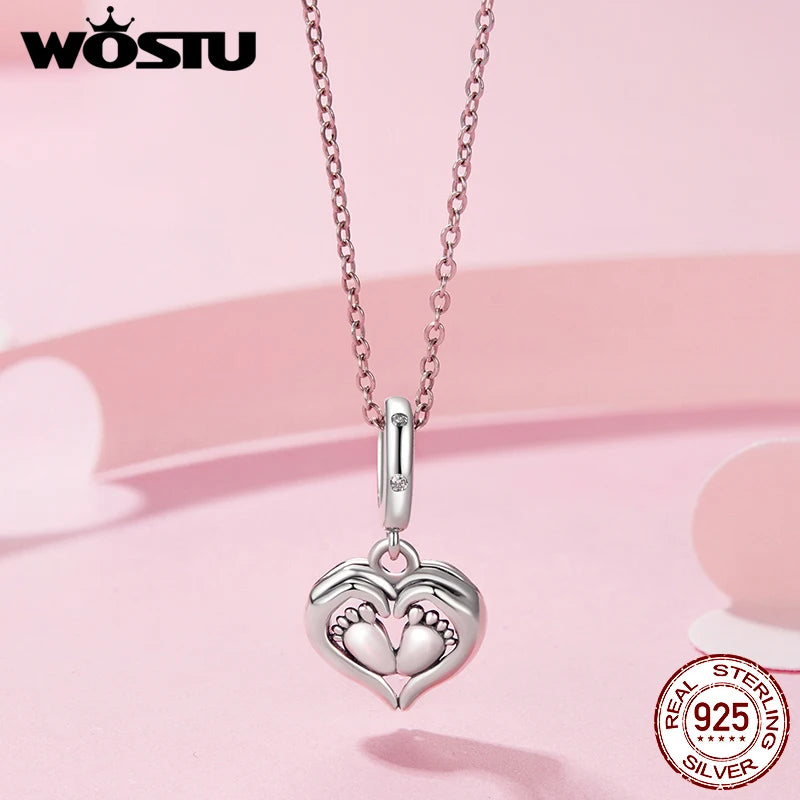 WOSTU Mother Day Gift 925 Sterling Silver Baby Foot Charm Letter Mom Love Beads Red Heart Pendant Fit DIY Bracelet Necklace
