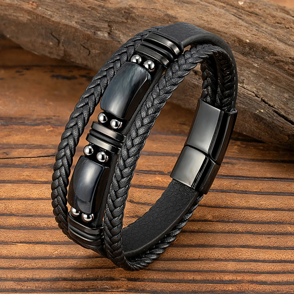 MKENDN Natural Tiger Eye Stone Men Bracelet Handmade MultiLayer Braided Leather Bangles Black Stainless Steel Jewelry