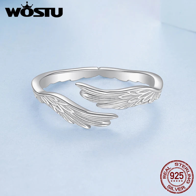 WOSTU Angel Wing Adjustable Ring for Women, 925 Sterling Silver Open Band Feather Rings Detail Jewelry Unique Party Gift New