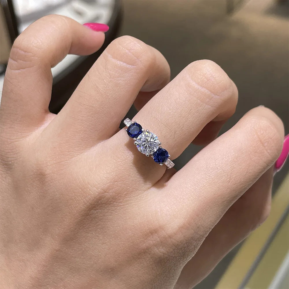 Serenity Lab Cultured Sapphires Diamond Row Rings Women Gift Solid 925 Silver 1.25ct D Color Moissanite Rings Plated 18K Jewelry - Madeinsea©