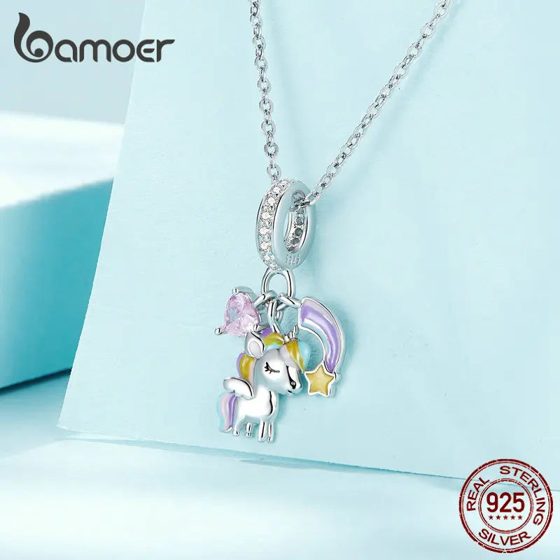 Bamoer 925 Sterling Silver Rainbow & Unicorn Bead Lovely Horse Pendant Charm for Women Original Necklace Bracelet SCC2468