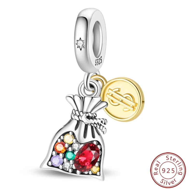 925 Sterling Silver US Dollar Wealth Freedom Rich Money Bag Pendants Charms Beads Fit Original Bracelets DIY Jewelry