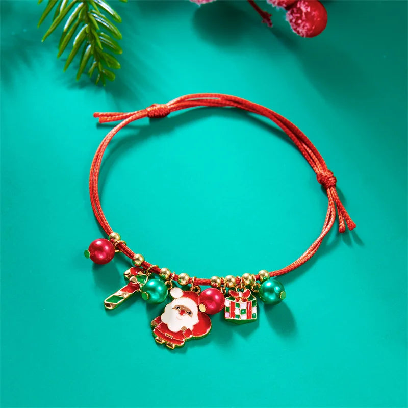 Christmas Handwoven Braided Bracelet For Women Santa Claus Xmas Tree Snowman Crutch Wreath Bell Beaded Adjustable Bracelets