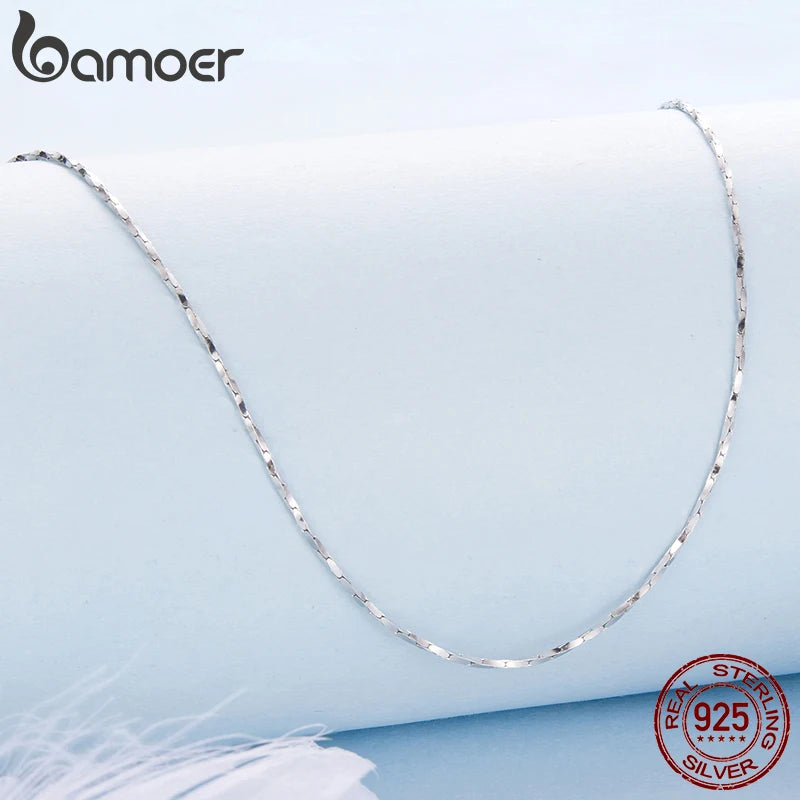 Bamoer 925 Sterling Silver Geometric Sparkling Chain Necklace Lobster Clasp Adjustable Flat Basic Chain for Women DIY Pendants