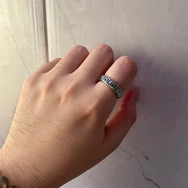 Retro Hui Palindrome Pattern Ring For Men Silver Color Punk Gothic Open Ring Handmade Unisex Designer Jewelry Accessories Gift