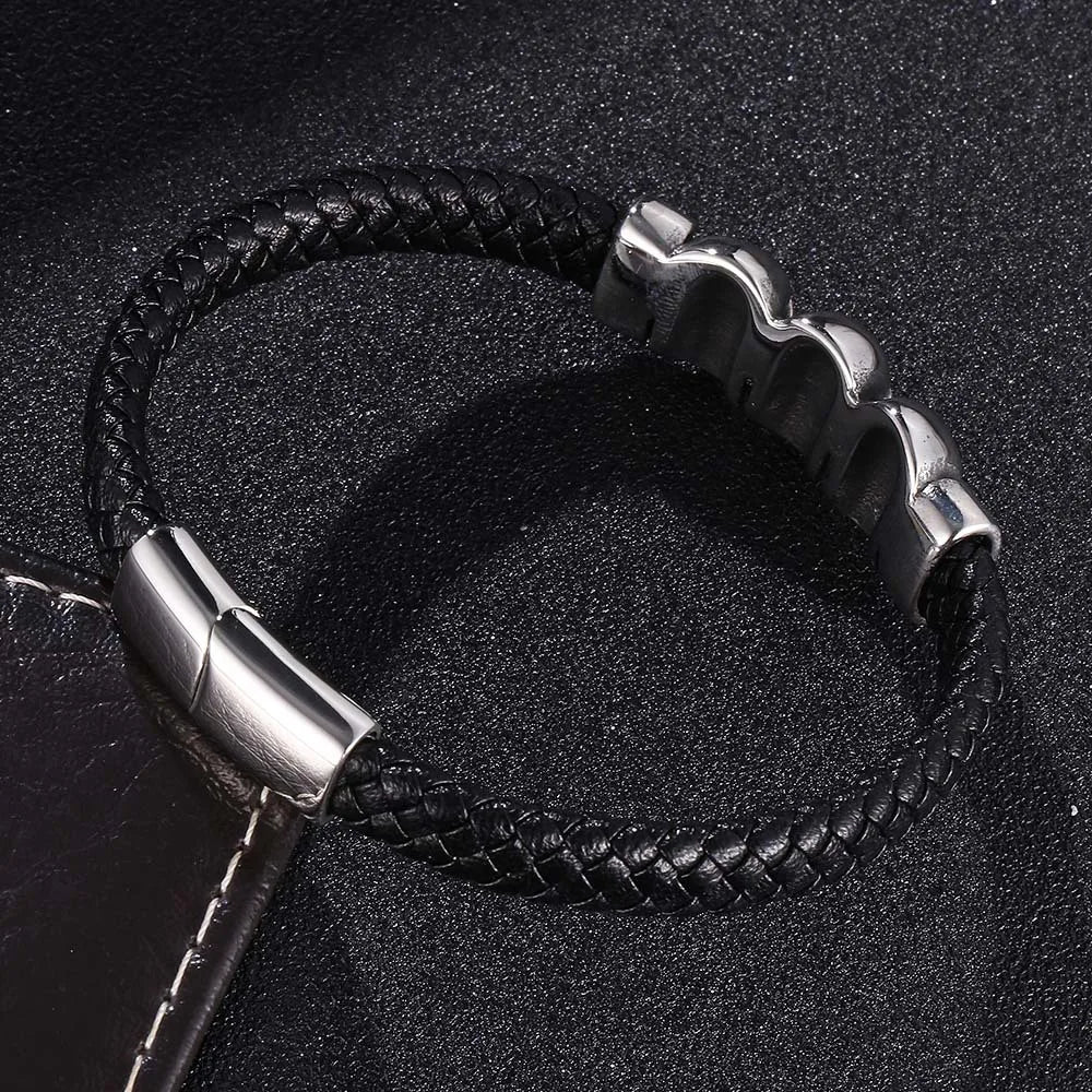 MKENDN Stainless Steel Genuine Leather Bracelet Cool Skull Skeleton Head Bangle Black Braided Viking Bracelet For Men Jewelry