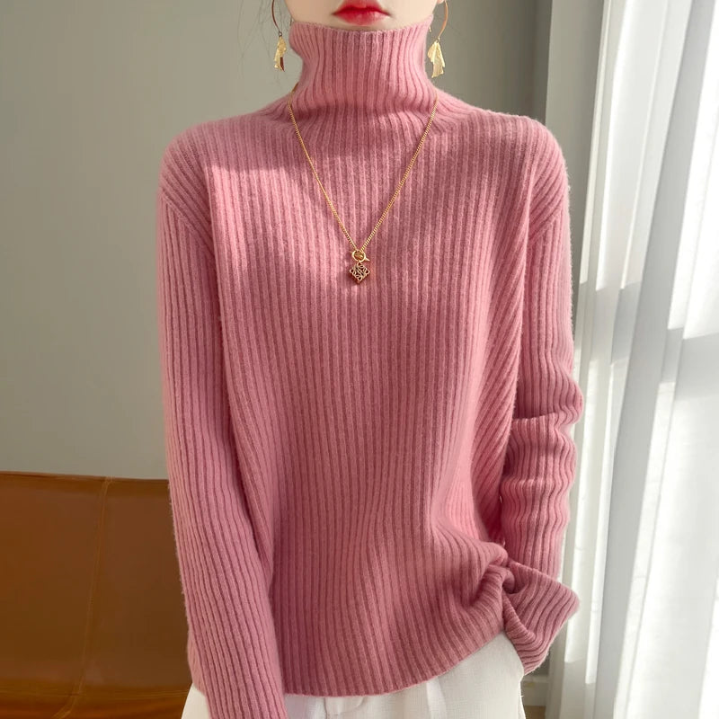 Women 100% Merino Wool Sweater Turtleneck Knitted Vertical Stripes Pullover Autumn Winter Thickened Cashmere Casual Knitwear Top