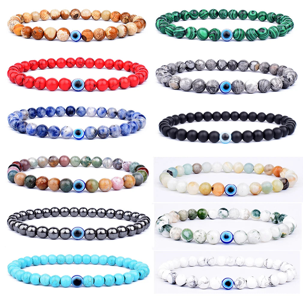 MKENEDN 6mm Natural Stone Beads Evil Eye Bracelet Reiki Hematite Elastic Bracelets For Men Women Hand Jewelry Pulseras Homme - Madeinsea©