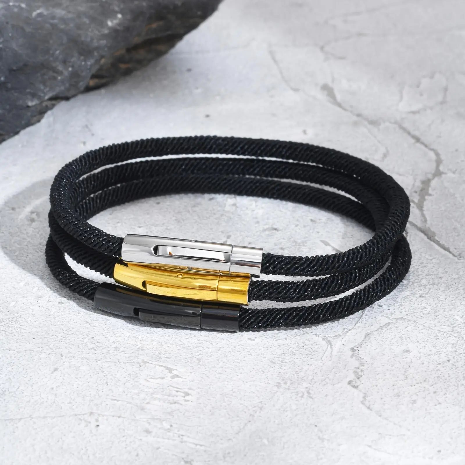 Bracelet Vnox Simple Classic noir à maillons en corde de Milan pour hommes et garçons, fermoir à boucle en acier inoxydable, bijou de poignet