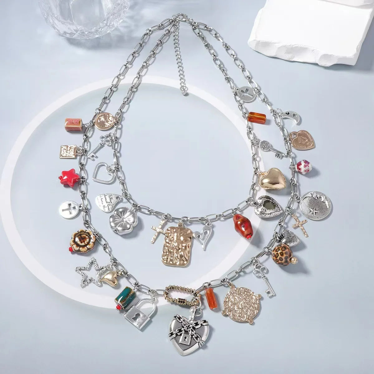 ZAA Vintage Double-layer Heart-shaped Lock Tassel Pendant Necklace Jewelry