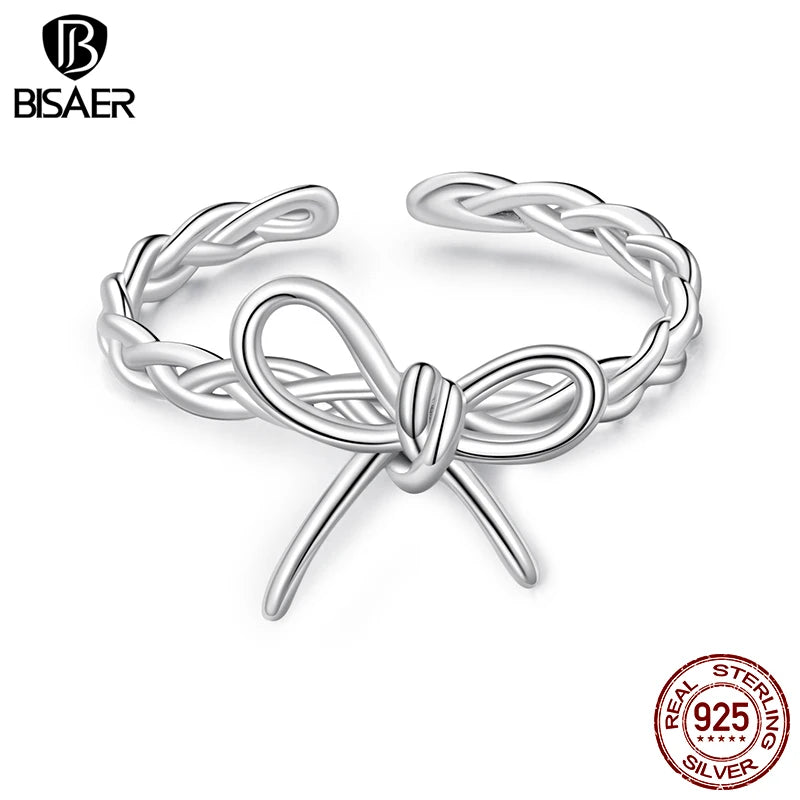 BISAER 925 Sterling Silver Weaving Bow Open Ring Bow-knot Statement Band Plated White Gold for Women Party Original Fine Jewelry