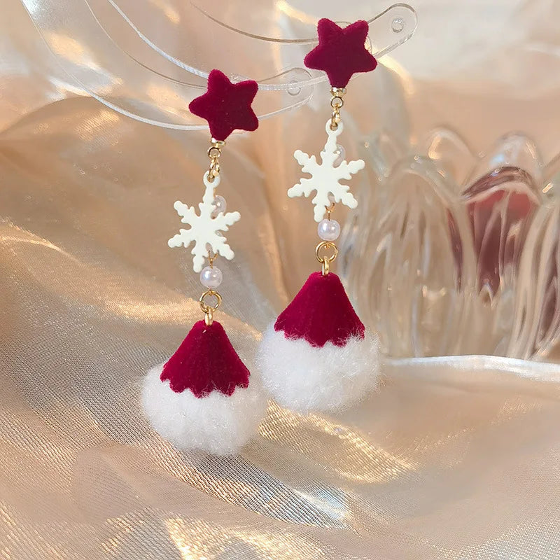 Fröhliche Weihnachten! Samtige Elch-Schleifen-Ohrhänger für Damen, rote Haarkugel, lange Quaste, asymmetrischer Ohrring, Schmuck für Silvesterpartys