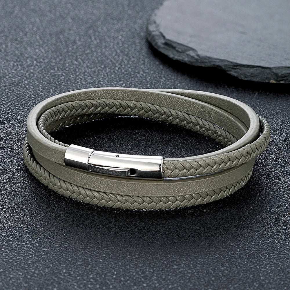 MKENDN Minimalist Men Double Strand Woven Orange Leather Bracelet Stainless Steel Button Buckle Accessories Handmade Jewelry