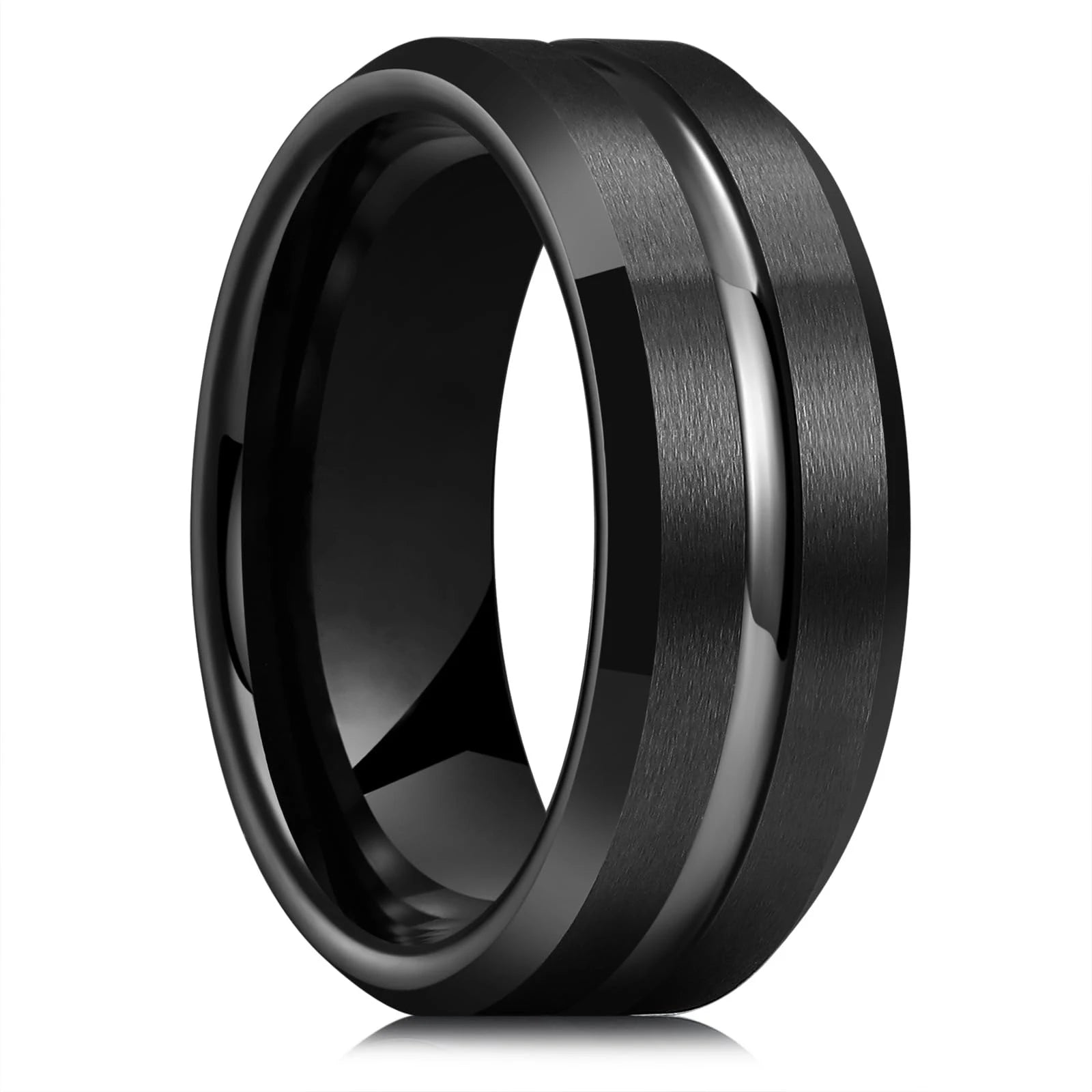Trendy 8mm Men Frosted Stainless Steel Rings Silver Color Brushed Groove Beveled Edge Engagement Rings For Men Wedding Jewelry