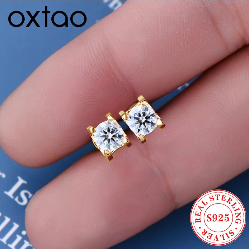 OXTAO D VVS1 5mm Round Moissanite Stud Earrings Female 925 Sterling Silver Piercing Earring Fine Jewelry Gift GRA Certified