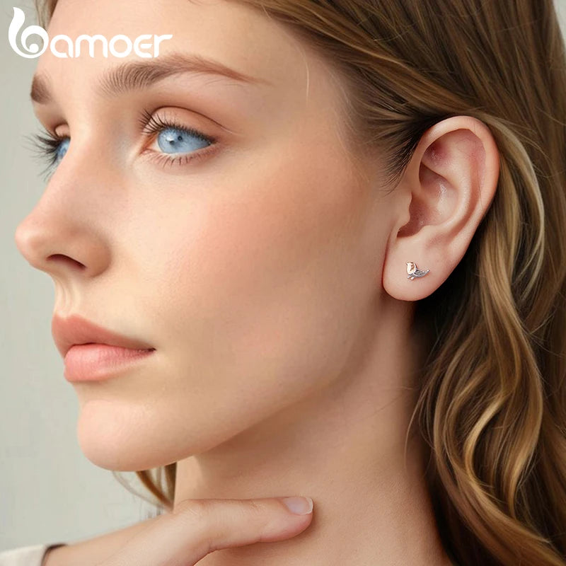 BAMOER 925 Sterling Silver Two-tones Mini Bird Stud Earrings Minimalist Rose Gold Plated Cute Jewelry for Women Teens Birthday