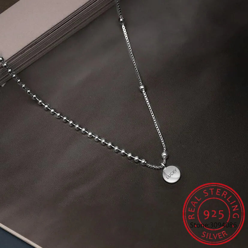 Real 925 Sterling Silver Disc Round Letter LUCKY Pendant Choker Necklace For Women Fine Jewelry Geometric Accessories