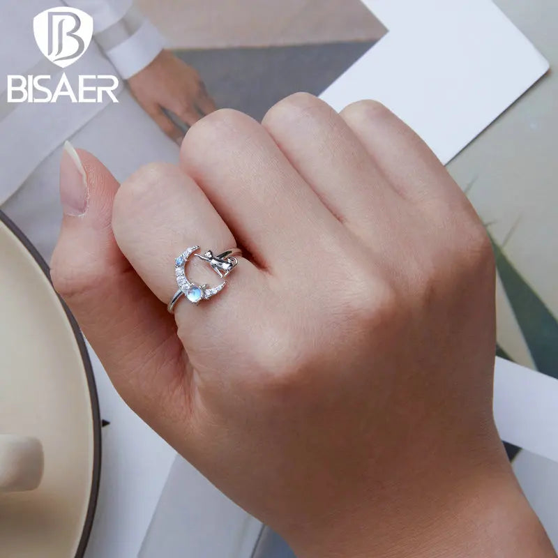 BISAER Genuine 925 Sterling Silver Cute Cat Moon Jewelry Set Animal Pendant Necklaces &Ring Original Jewelry Women Romantic Gift