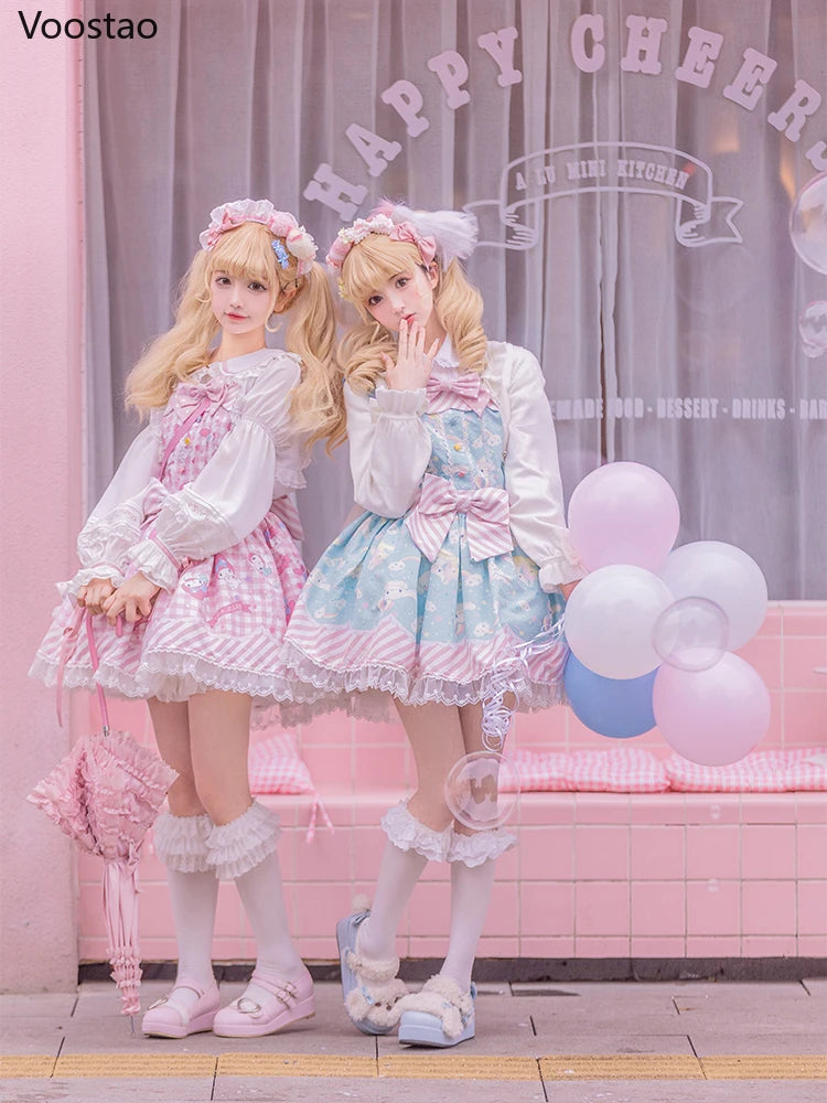 Sweet Lolita Style Cartoon Print Princess Dress Women Cute Bow Lace Party Strap Dresses Girly Harajuku Kawaii Y2k Mini Vestidos - Madeinsea©