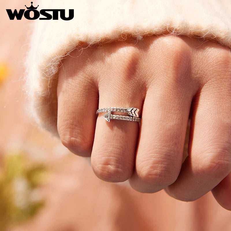 WOSTU 925 Sterling Silver Arrow Open Ring For Women Double-layer Full Zircon Staking Adjustable Rings Lover Jewelry Party Gift