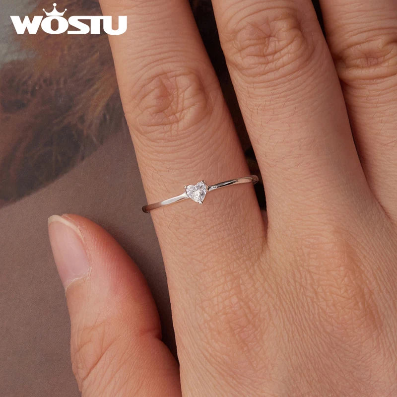 WOSTU 925 Sterling Silver Solitaire Heart Ring For Women Dazzling Clear CZ Finger Rings Engagement Wedding Party Jewelry Gift