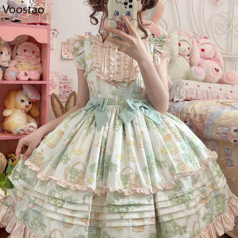 Japanese Sweet Lolita Dress Women Victorian Pastoral Style Princess Dress Ruffles Green Grape Print Bow Trailing Party Dresses