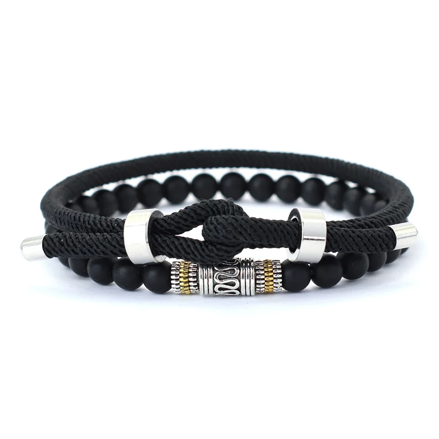Stylish 2Pcs Men Bracelet Set 4mm Grade A Rope Charm Braslet 6mm Lava Onyx Stone Beaded Braclet Good Luck Red Cord Brazalete