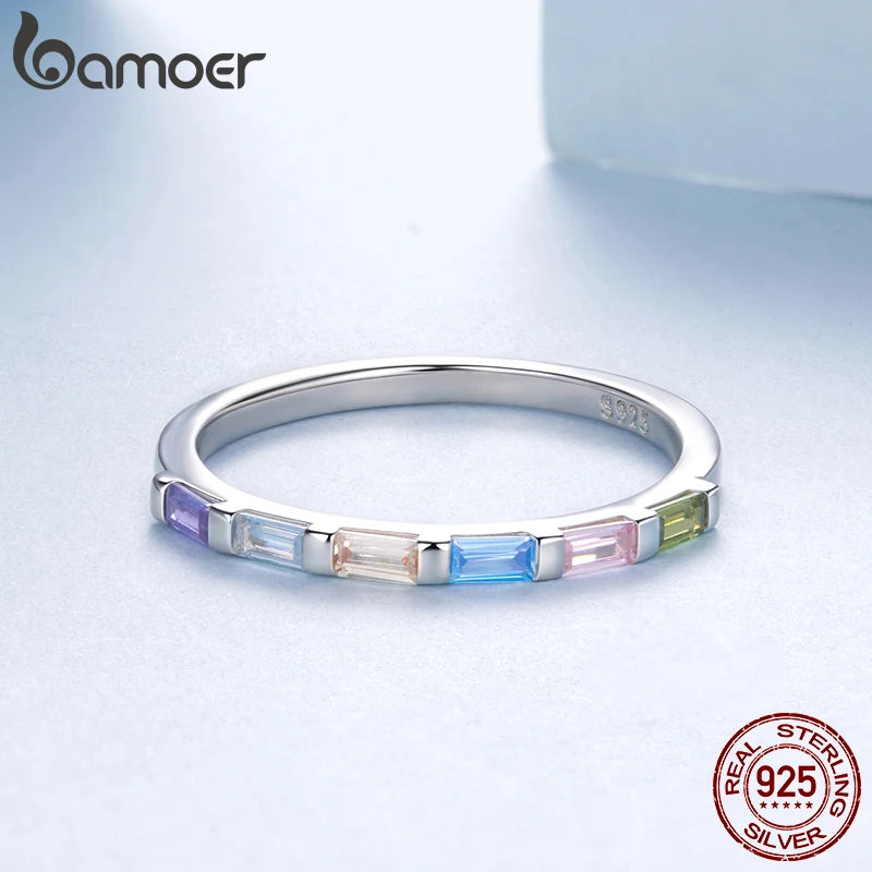BAMOER 925 Sterling Silver Dainty Rainbow Single Band Colorful Zirconia Band Finger Ring for Women Teens Unique Beach Party Gift