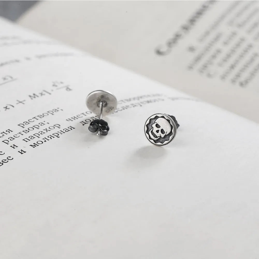 MKENDN 100% 925 Sterling Silver Creative Retro Skull Stamp Stud Earring Trendy Street Punk Style Ear Pin for Men Women Jewelry