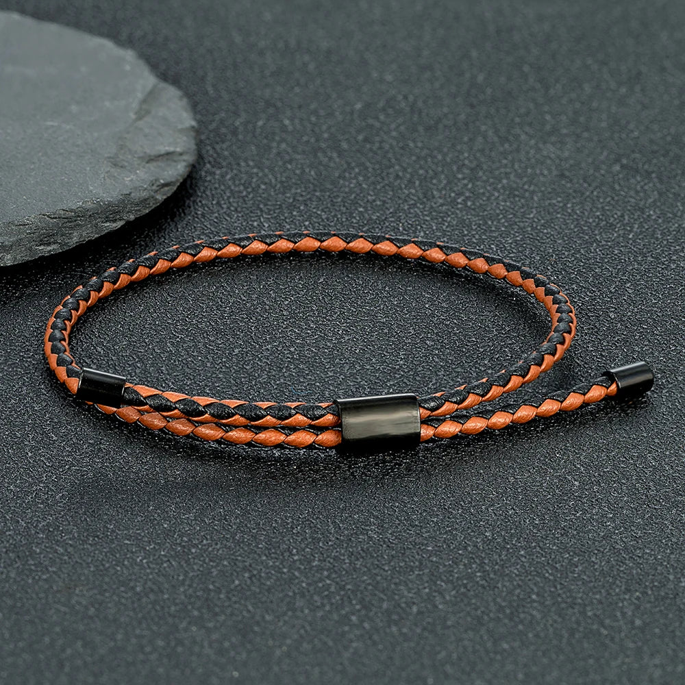 MKENDN Luxury Classic Men Jewelry 3mm Orange Braided Leather Bracelet Simple Adjustable Charm Bracelet for Men Women Gifts