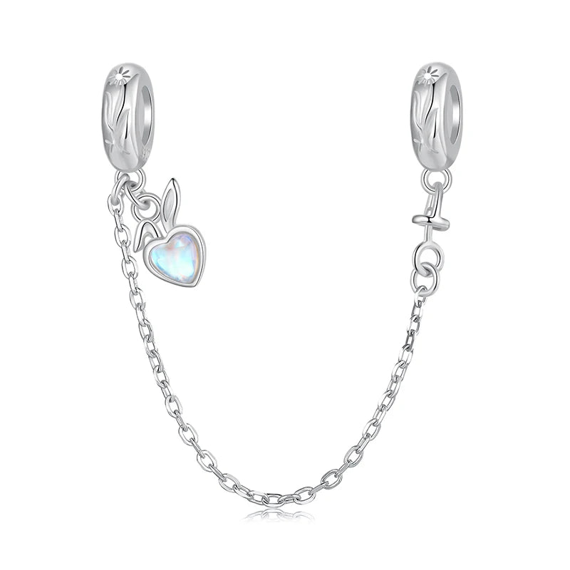 WOSTU 925 Silver Easter Rabbit with Egg Charm Heart Rabbits Pendant Moonstone Safety Chain Fit Bracelet Girl Daughter DIY Gifts